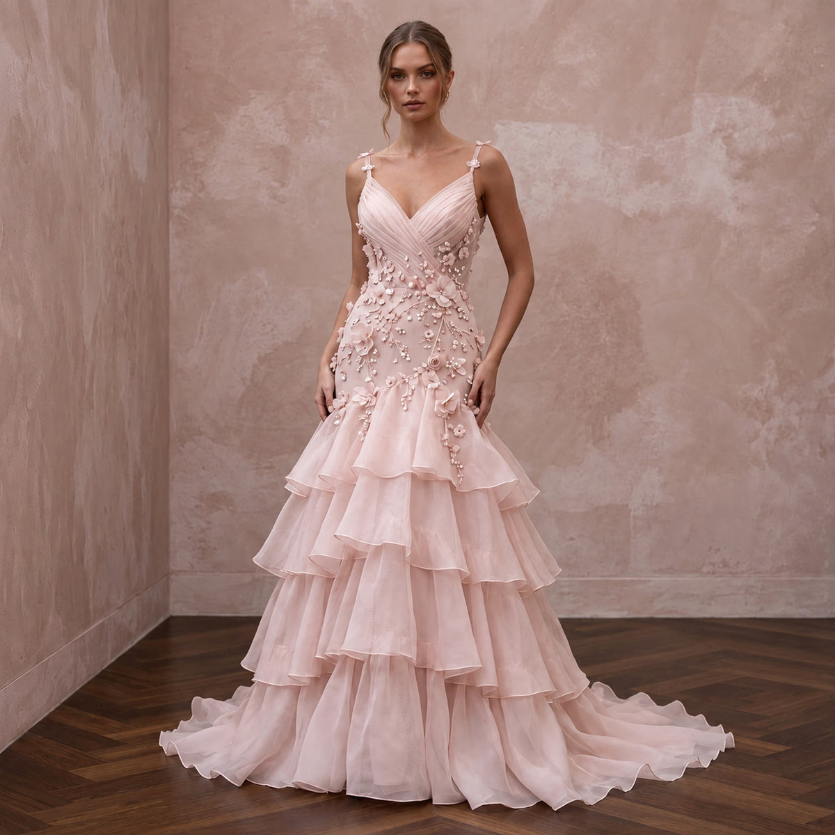 Petite Blush Pink Silk Organza Ruffled Tiered Skirt Bridal Gown