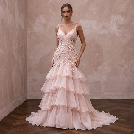 Petite Blush Pink Silk Organza Ruffled Tiered Skirt Bridal Gown