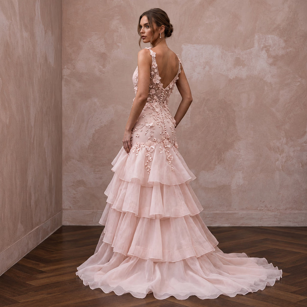 Petite Blush Pink Silk Organza Ruffled Tiered Skirt Bridal Gown