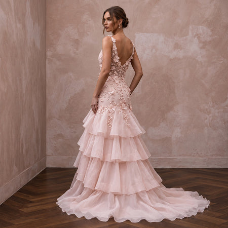 Petite Blush Pink Silk Organza Ruffled Tiered Skirt Bridal Gown