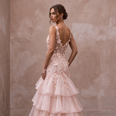 Petite Blush Pink Silk Organza Ruffled Tiered Skirt Bridal Gown