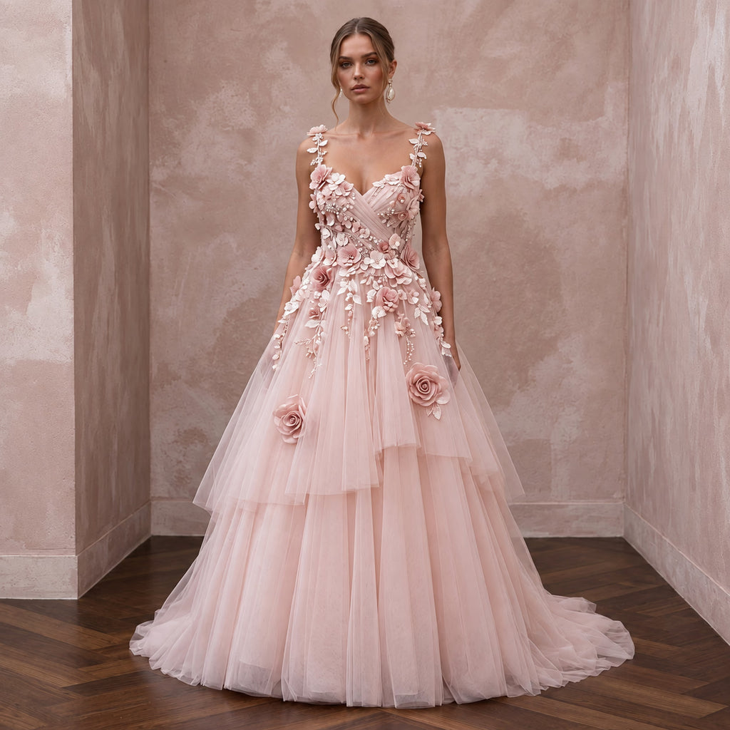 Petite Blush Pink Tulle Ball Gown with 3D Floral Bodice for Spring Ceremony