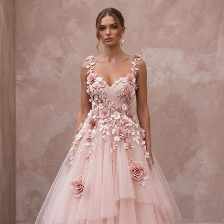 Petite Blush Pink Tulle Ball Gown with 3D Floral Bodice for Spring Ceremony