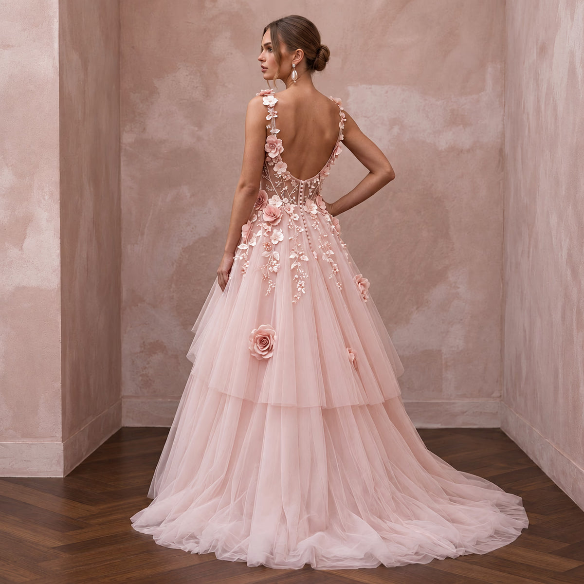 Petite Blush Pink Tulle Ball Gown with 3D Floral Bodice for Spring Ceremony