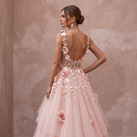 Petite Blush Pink Tulle Ball Gown with 3D Floral Bodice for Spring Ceremony