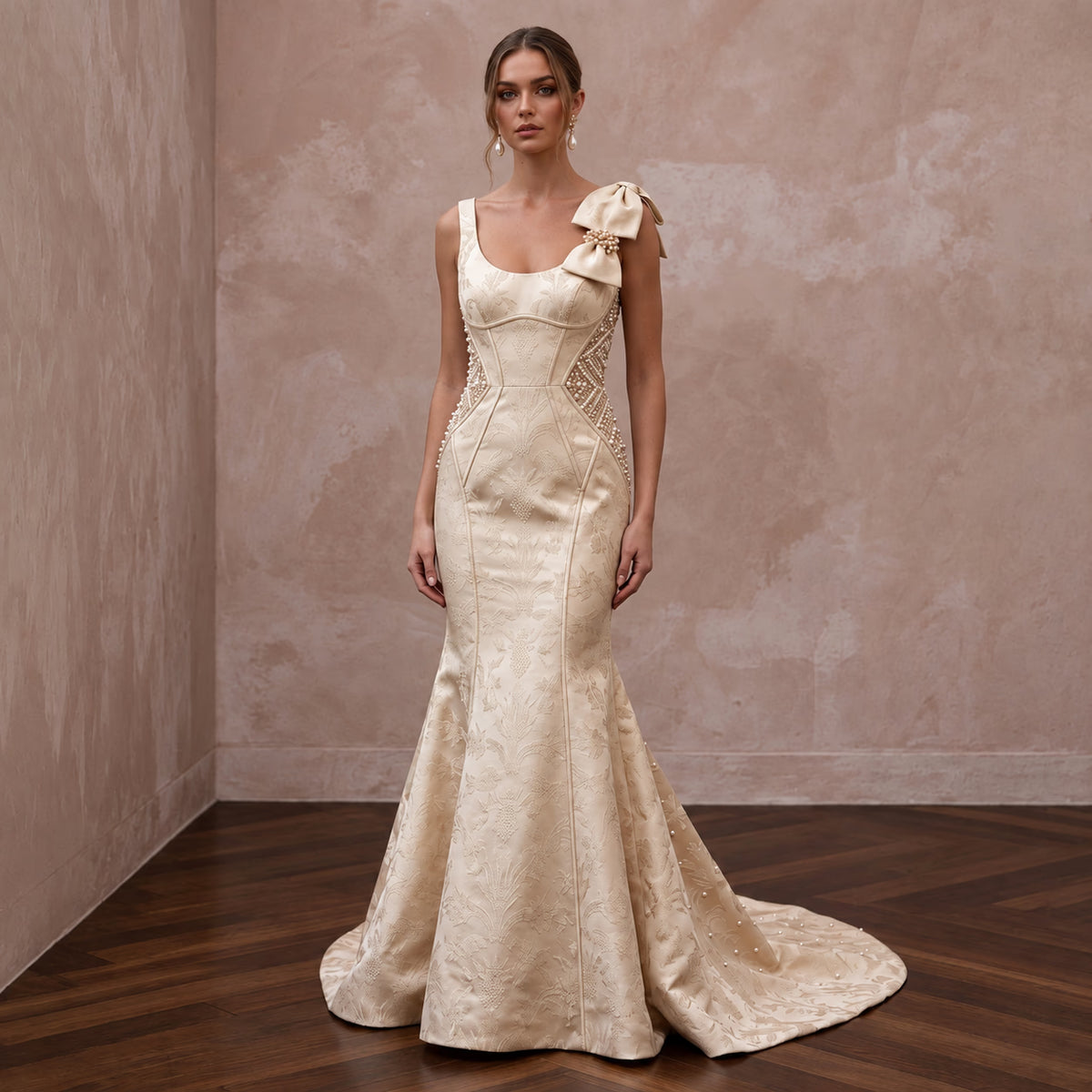Petite Champagne Mikado Silk Fit - and - Flare Dress with Bow Detail - Apparel & Accessories > Clothing > Wedding & Bridal Party Dresses > Wedding Dresses - Mignonette Bridal Main image