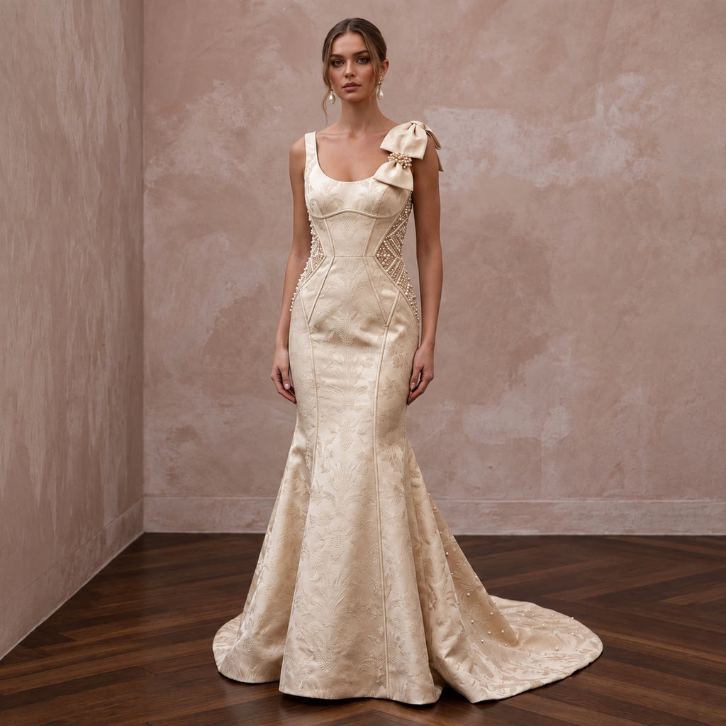 Petite Champagne Mikado Silk Fit-and-Flare Dress with Bow Detail
