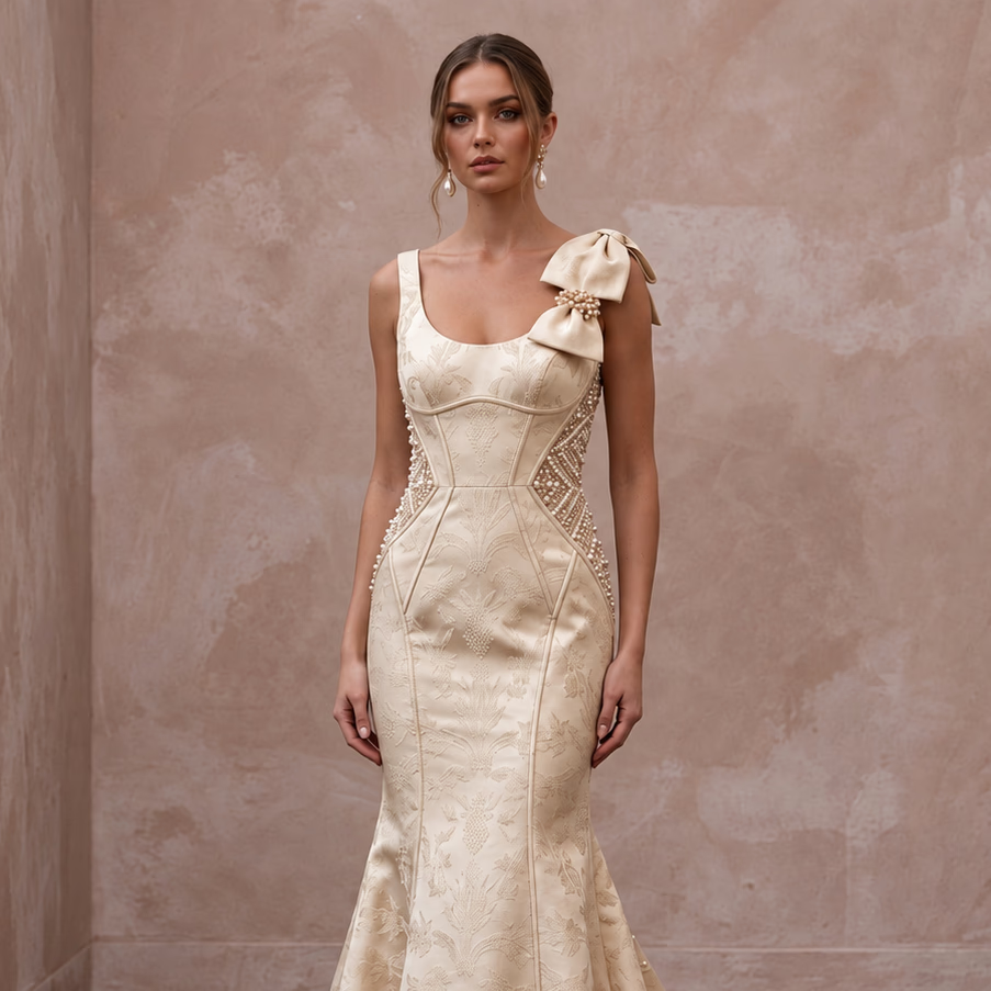 Petite Champagne Mikado Silk Fit-and-Flare Dress with Bow Detail