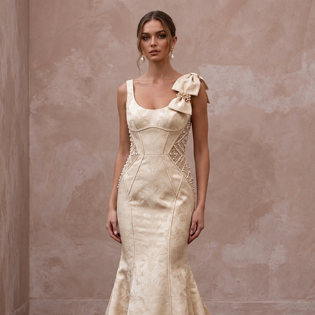 Petite Champagne Mikado Silk Fit-and-Flare Dress with Bow Detail