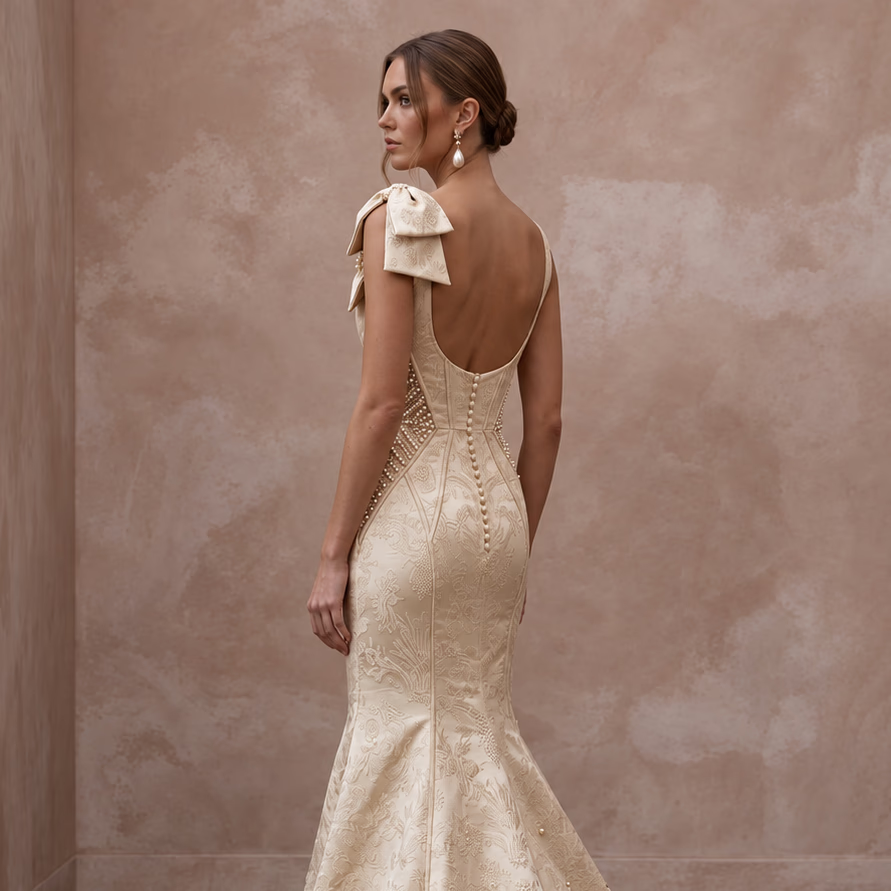 Petite Champagne Mikado Silk Fit-and-Flare Dress with Bow Detail