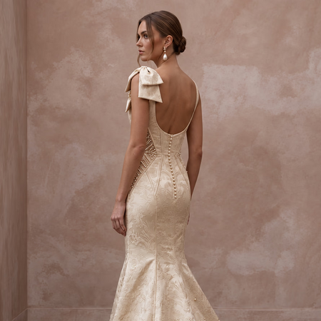 Petite Champagne Mikado Silk Fit-and-Flare Dress with Bow Detail