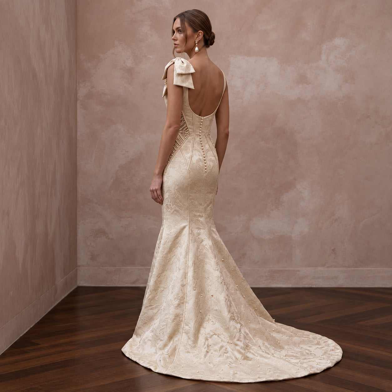 Petite Champagne Mikado Silk Fit-and-Flare Dress with Bow Detail Secondary image