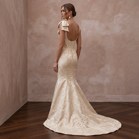 Petite Champagne Mikado Silk Fit-and-Flare Dress with Bow Detail