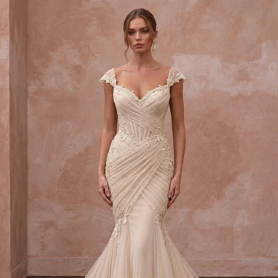 Petite Champagne Soft Netting Draped Sweetheart Mermaid Dress - Apparel & Accessories > Clothing > Wedding & Bridal Party Dresses > Wedding Dresses - Mignonette Bridal
