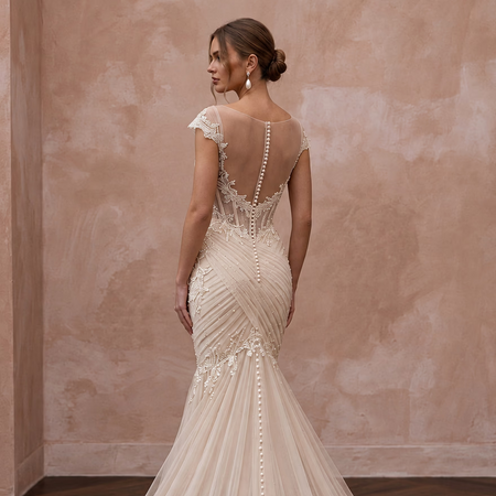 Petite Champagne Soft Netting Draped Sweetheart Mermaid Dress - Apparel & Accessories > Clothing > Wedding & Bridal Party Dresses > Wedding Dresses - Mignonette Bridal