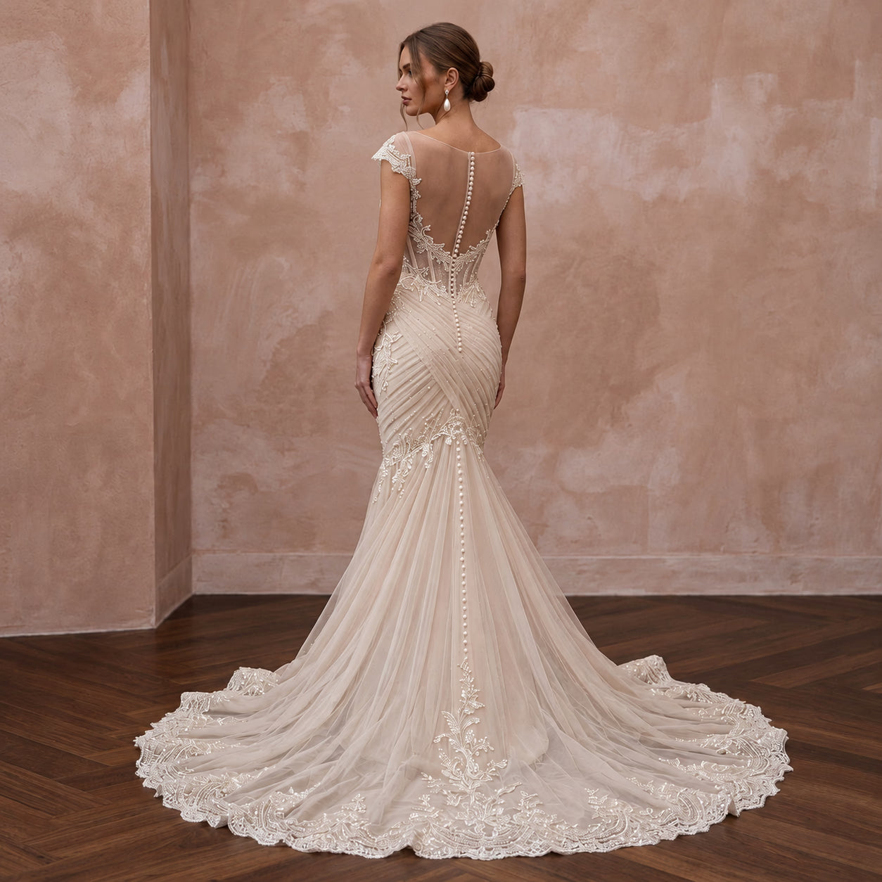 Petite Champagne Soft Netting Draped Sweetheart Mermaid Dress Secondary image