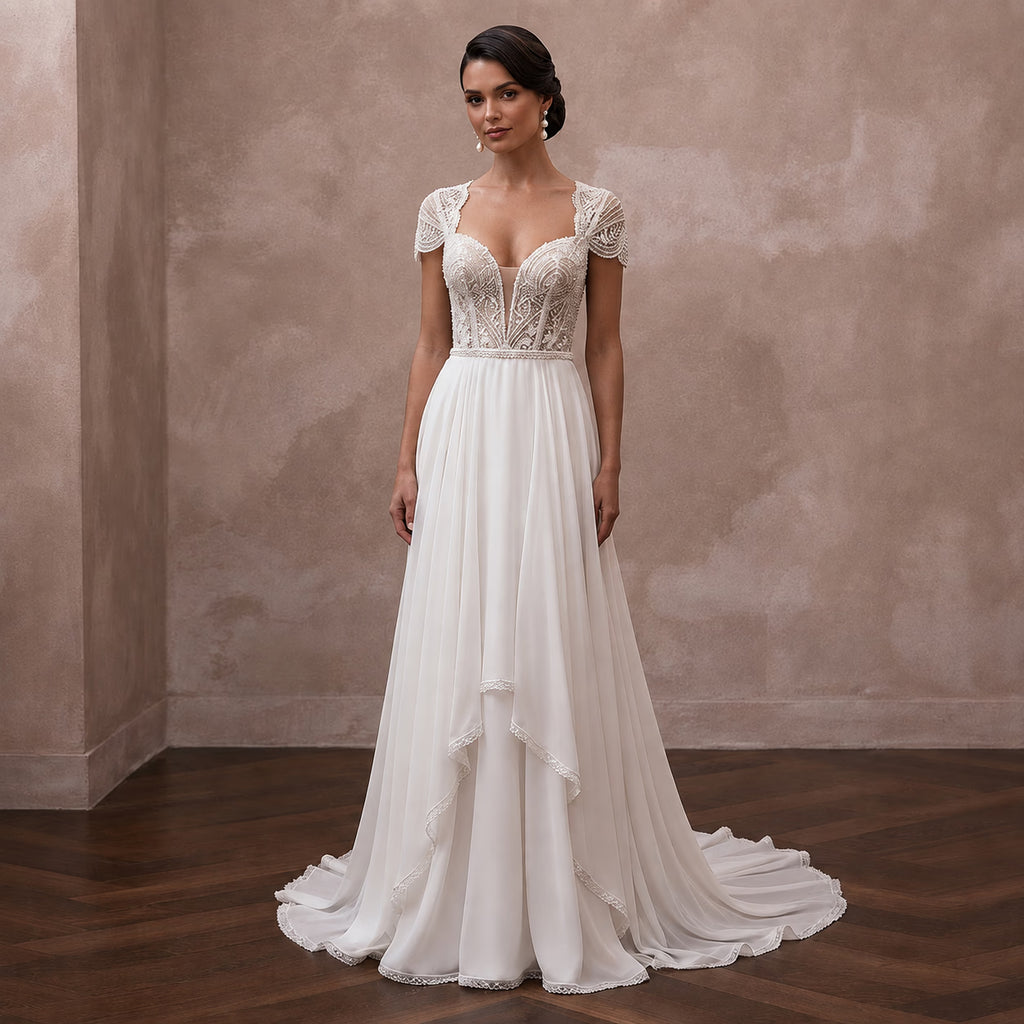 Petite Chiffon A-Line Wedding Dress with Short Sleeves