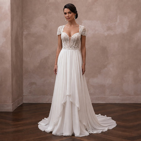 Petite Chiffon A-Line Wedding Dress with Short Sleeves