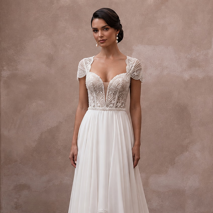 Petite Chiffon A-Line Wedding Dress with Short Sleeves