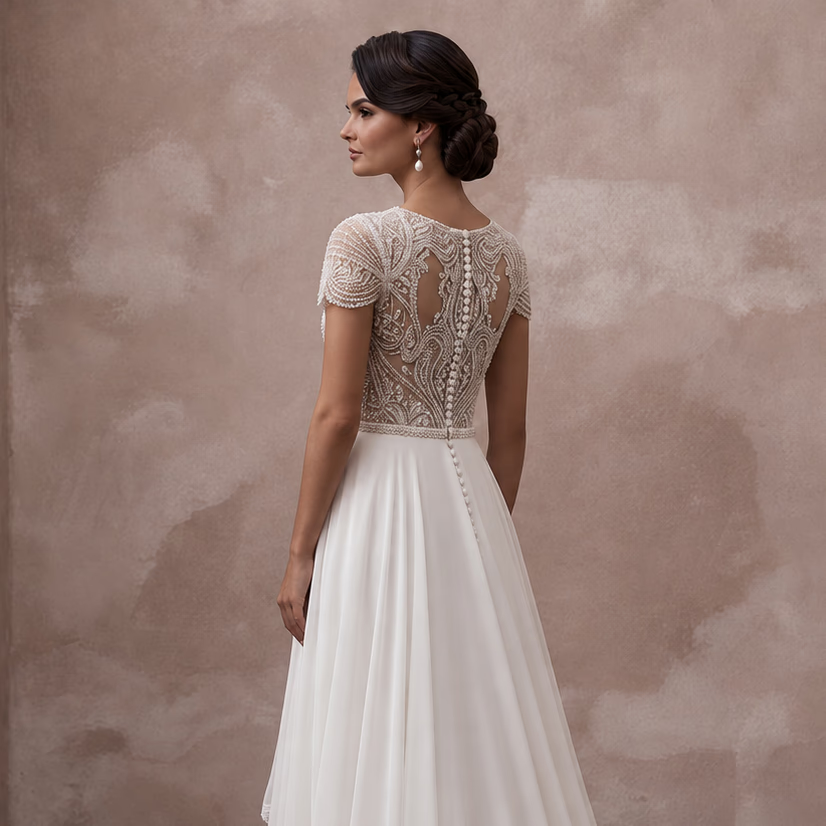 Petite Chiffon A-Line Wedding Dress with Short Sleeves