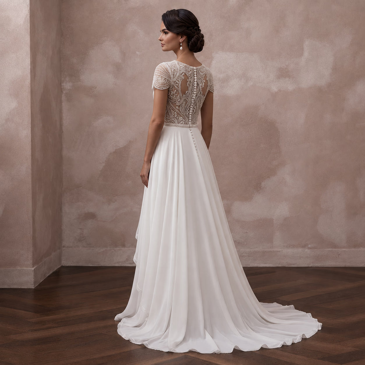 Petite Chiffon A-Line Wedding Dress with Short Sleeves