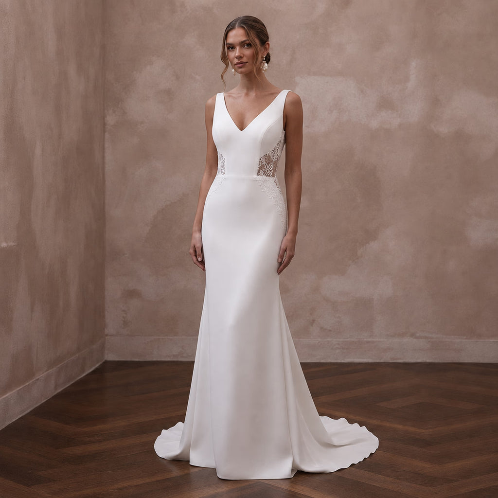 Petite Crepe Sheath Wedding Dress with V-Neck