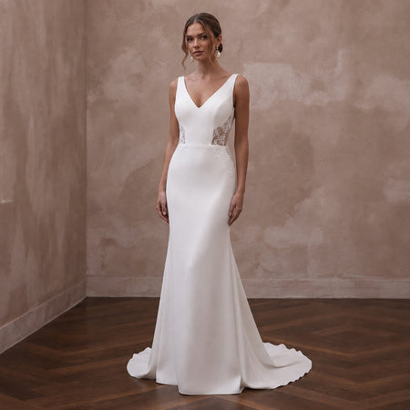 Petite Crepe Sheath Wedding Dress with V-Neck