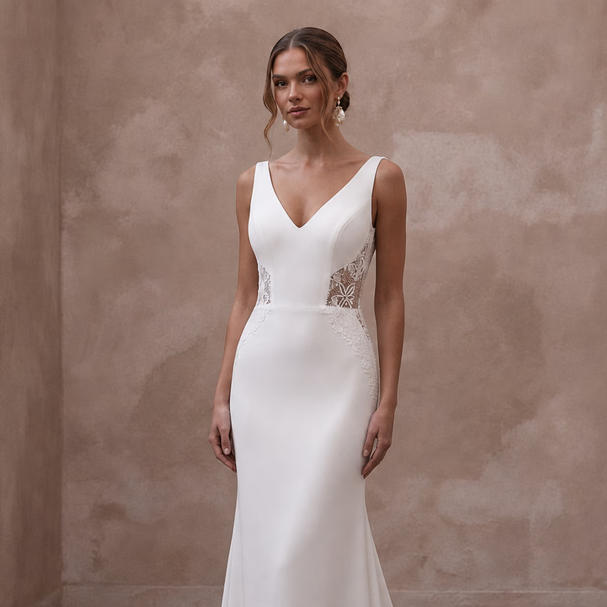 Petite Crepe Sheath Wedding Dress with V-Neck