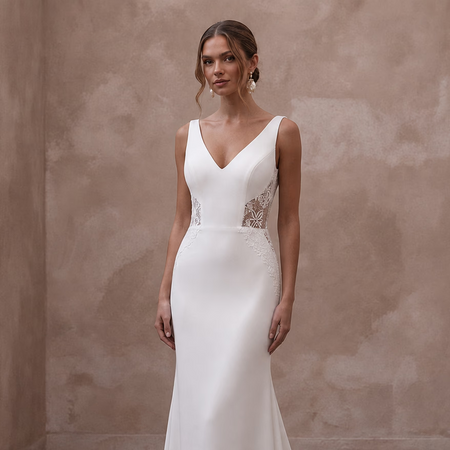 Petite Crepe Sheath Wedding Dress with V-Neck