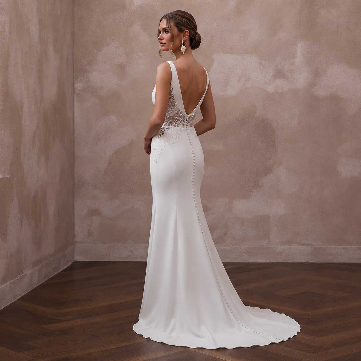 Petite Crepe Sheath Wedding Dress with V-Neck