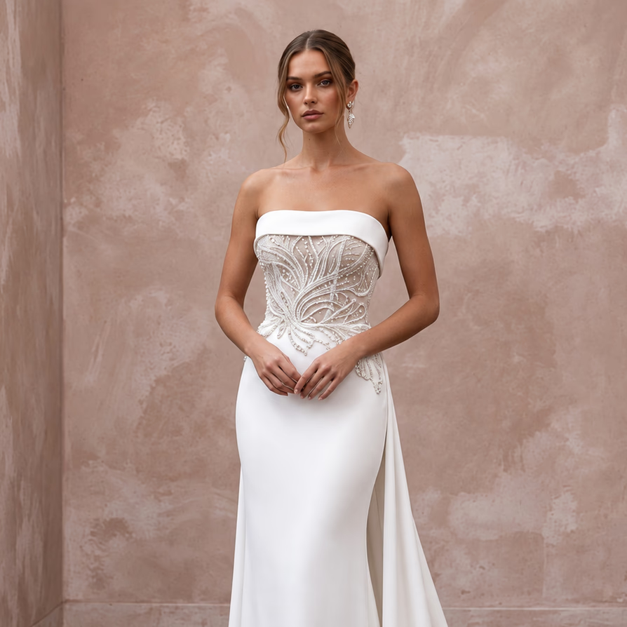 Petite Diamond White Stretch Crepe Strapless Sheath Gown with Detachable Train - Apparel & Accessories > Clothing > Wedding & Bridal Party Dresses > Wedding Dresses - Mignonette Bridal
