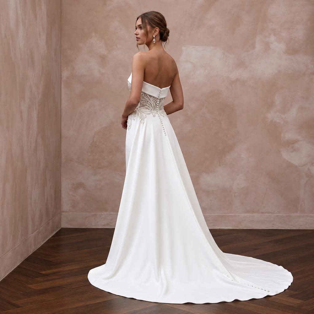 Petite Diamond White Stretch Crepe Strapless Sheath Gown with Detachable Train - Apparel & Accessories > Clothing > Wedding & Bridal Party Dresses > Wedding Dresses - Mignonette Bridal