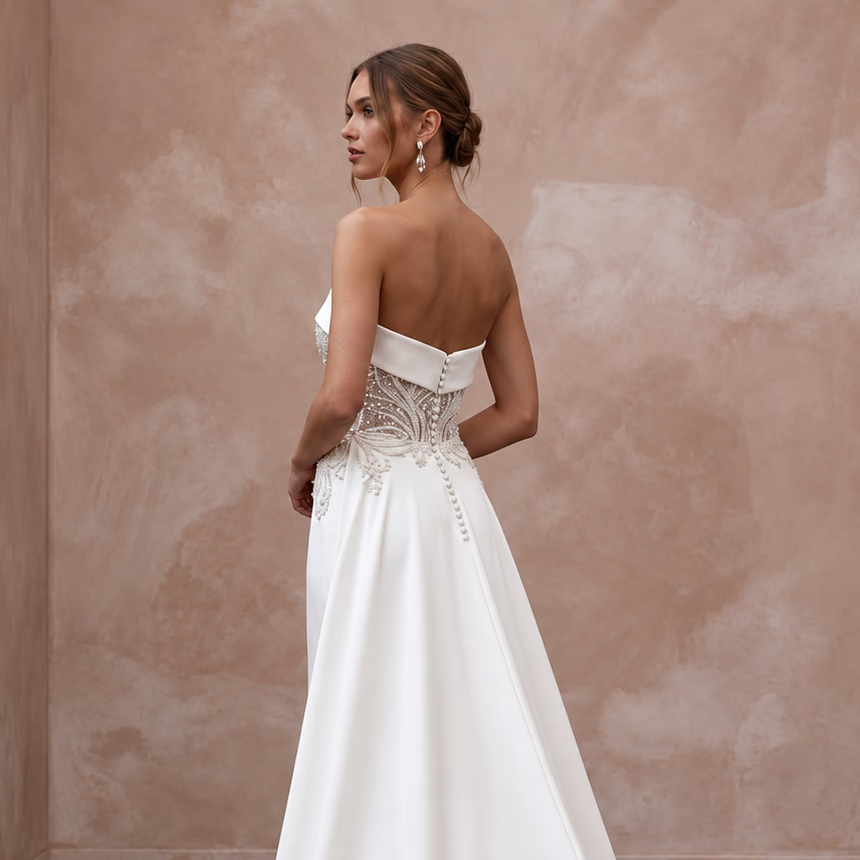 Petite Diamond White Stretch Crepe Strapless Sheath Gown with Detachable Train - Apparel & Accessories > Clothing > Wedding & Bridal Party Dresses > Wedding Dresses - Mignonette Bridal