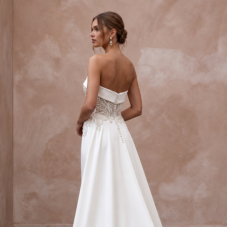 Petite Diamond White Stretch Crepe Strapless Sheath Gown with Detachable Train - Apparel & Accessories > Clothing > Wedding & Bridal Party Dresses > Wedding Dresses - Mignonette Bridal