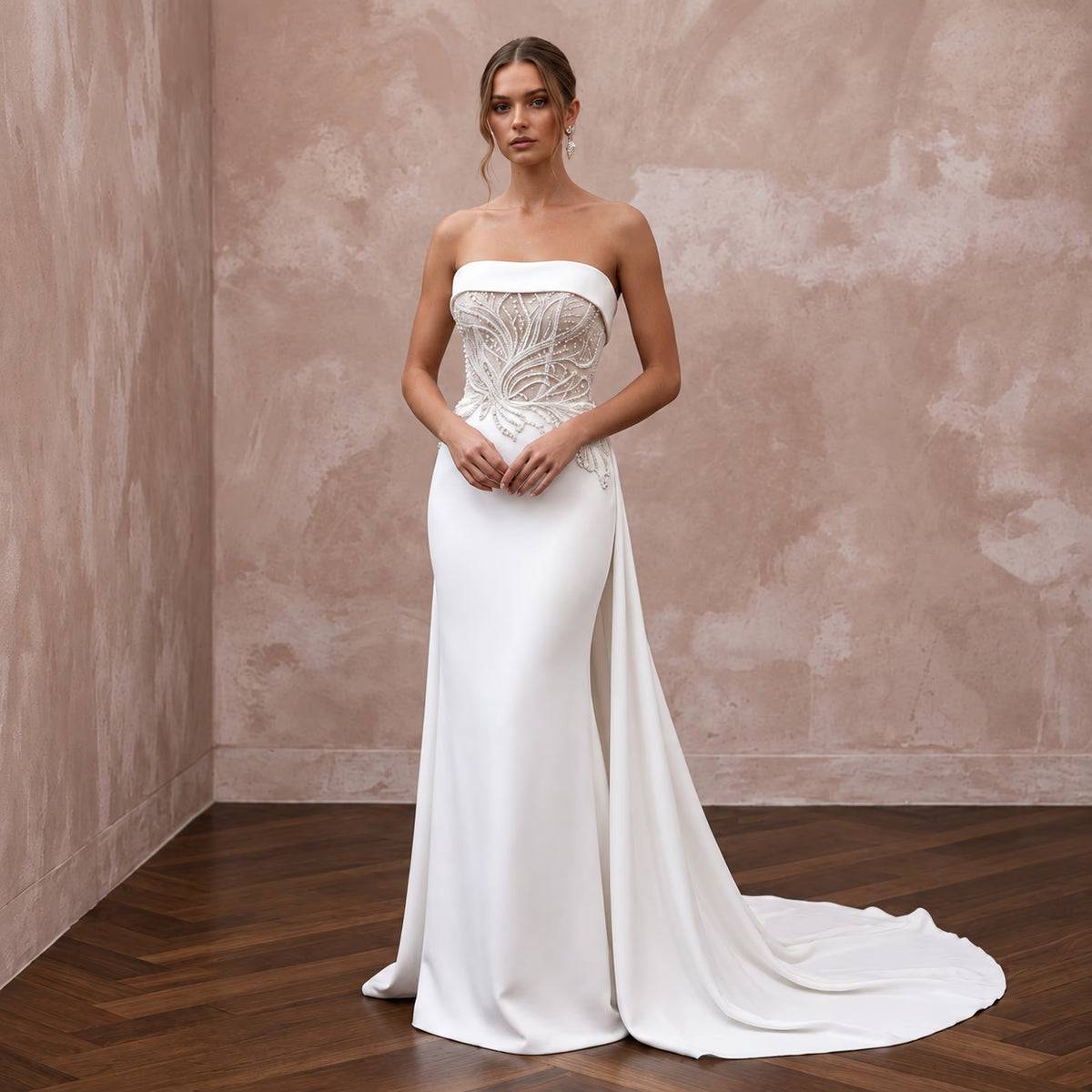 Petite Diamond White Stretch Crepe Strapless Sheath Gown with Detachable Train - Apparel & Accessories > Clothing > Wedding & Bridal Party Dresses > Wedding Dresses - Mignonette Bridal