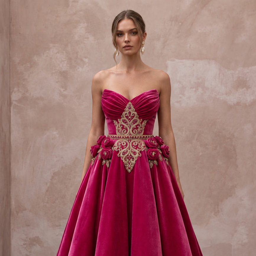 Petite Fuchsia Pink Velvet Ruched Bodice Strapless Party Dress