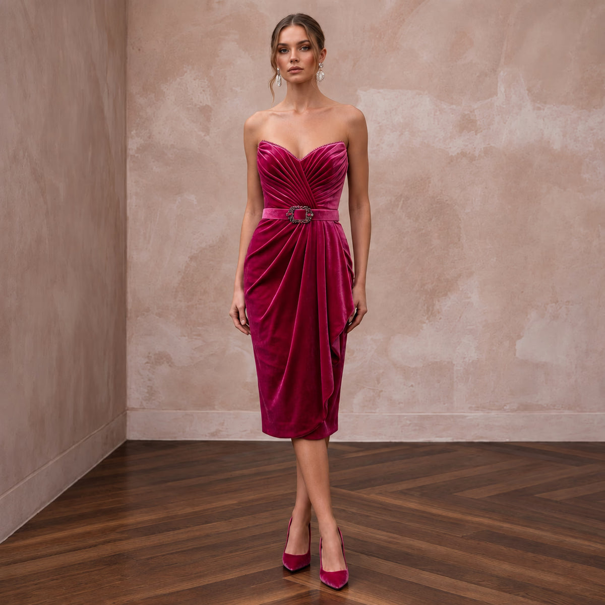 Petite Fuchsia Pink Velvet Ruched Bodice Strapless Party Dress