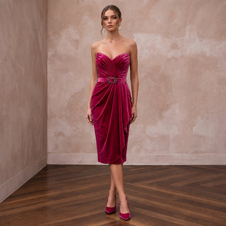 Petite Fuchsia Pink Velvet Ruched Bodice Strapless Party Dress