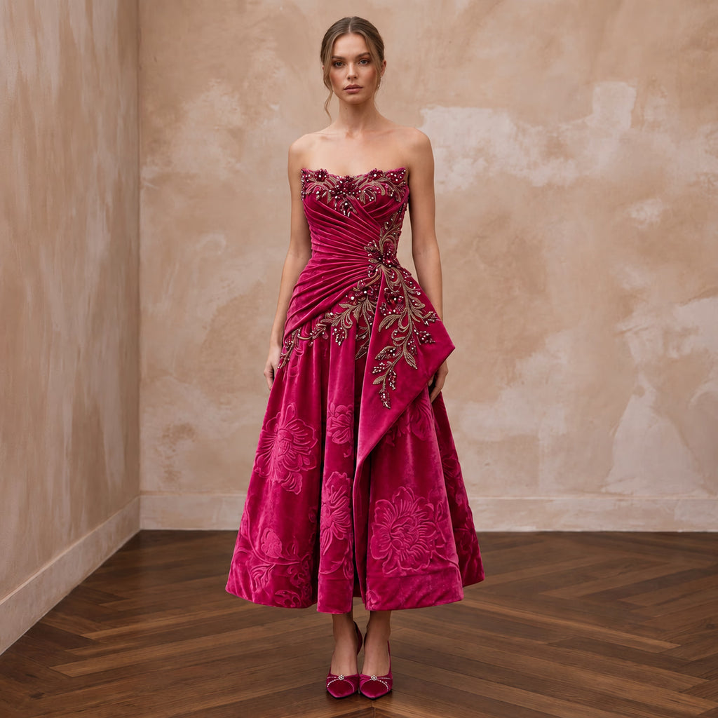 Petite Fuchsia Pink Velvet Ruched Bodice Strapless Party Dress