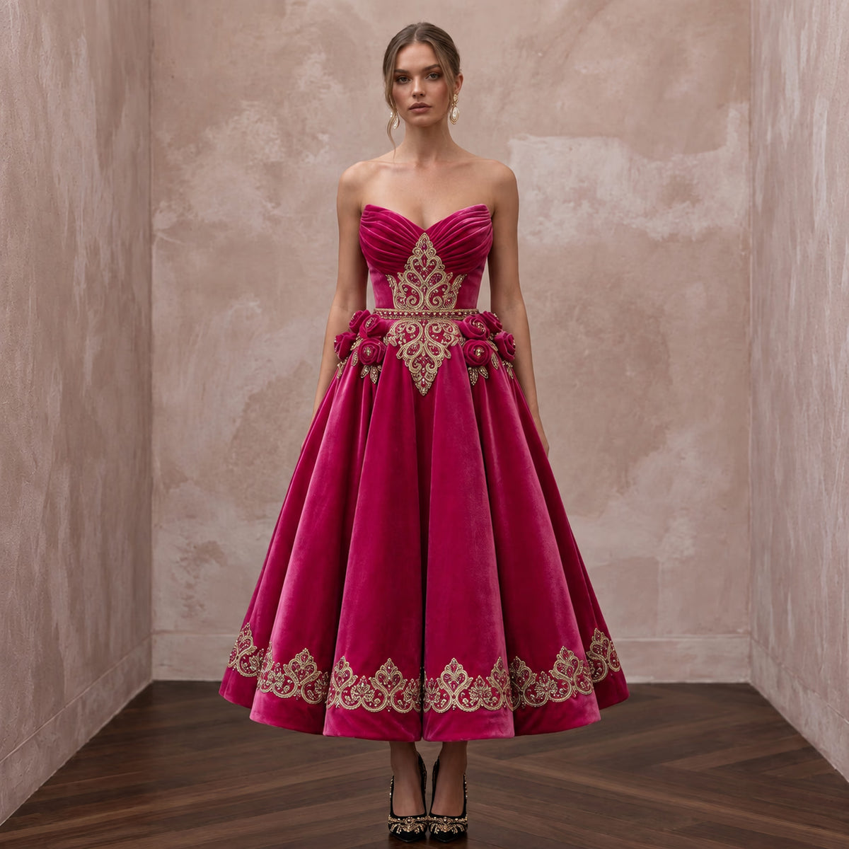 Petite Fuchsia Pink Velvet Ruched Bodice Strapless Party Dress