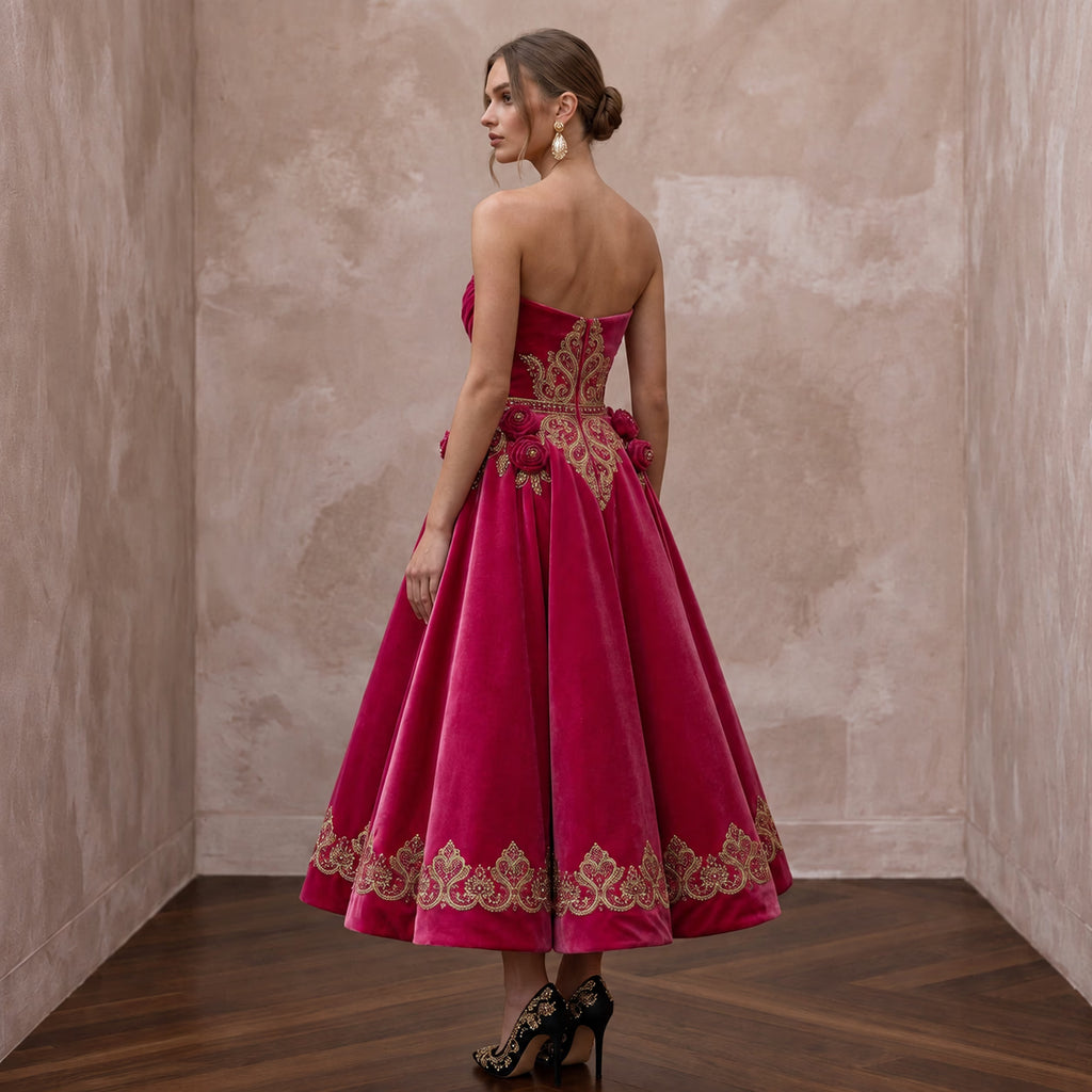Petite Fuchsia Pink Velvet Ruched Bodice Strapless Party Dress