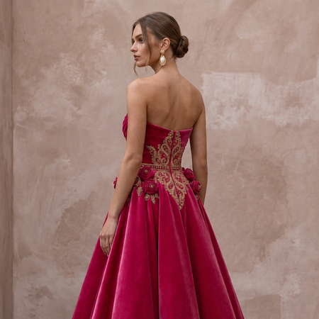 Petite Fuchsia Pink Velvet Ruched Bodice Strapless Party Dress