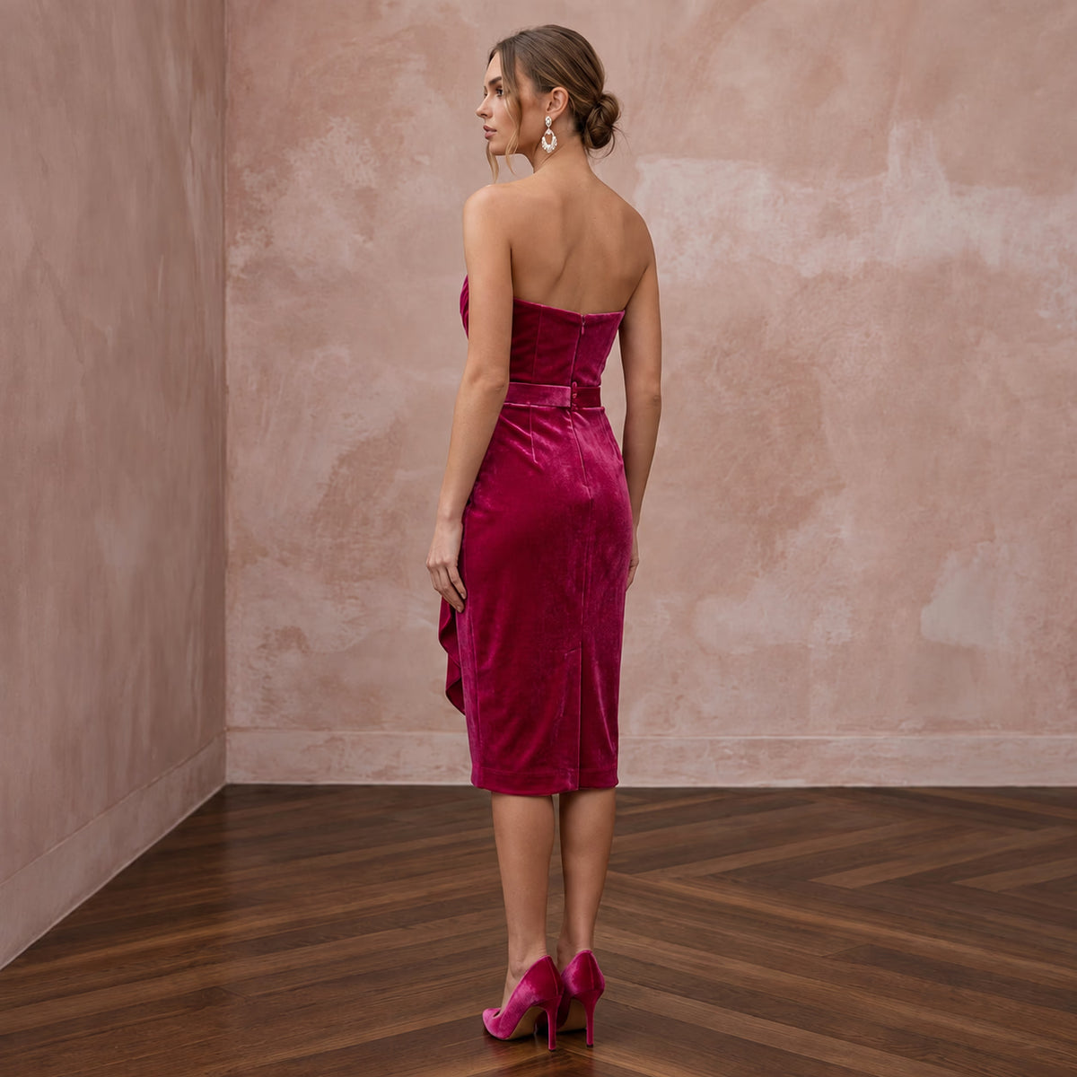 Petite Fuchsia Pink Velvet Ruched Bodice Strapless Party Dress