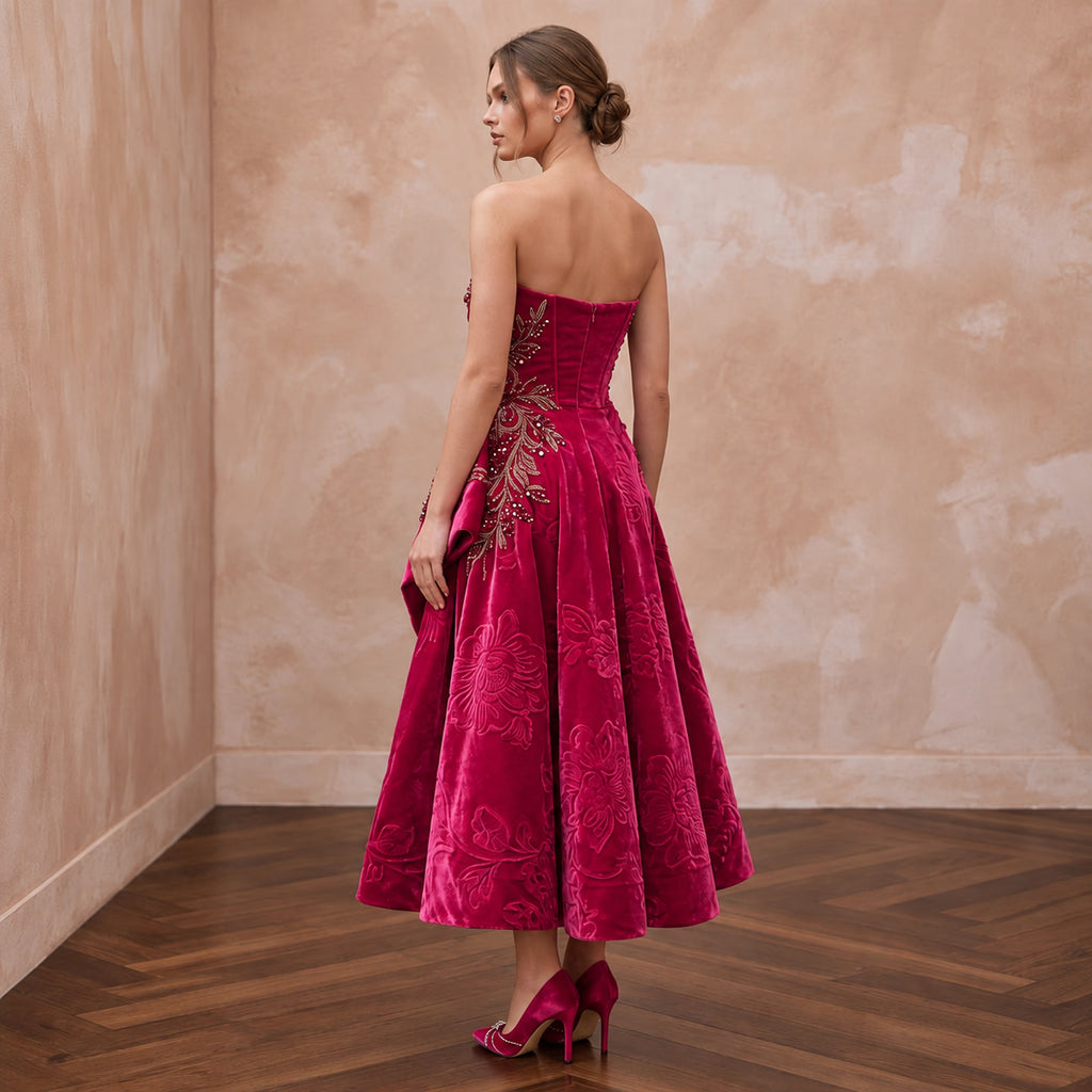 Petite Fuchsia Pink Velvet Ruched Bodice Strapless Party Dress
