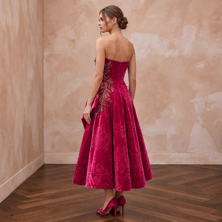 Petite Fuchsia Pink Velvet Ruched Bodice Strapless Party Dress