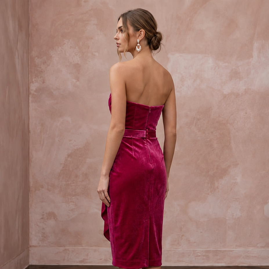 Petite Fuchsia Pink Velvet Ruched Bodice Strapless Party Dress