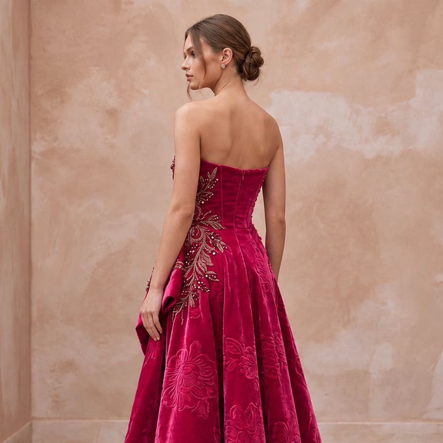 Petite Fuchsia Pink Velvet Ruched Bodice Strapless Party Dress