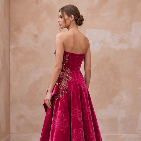 Petite Fuchsia Pink Velvet Ruched Bodice Strapless Party Dress
