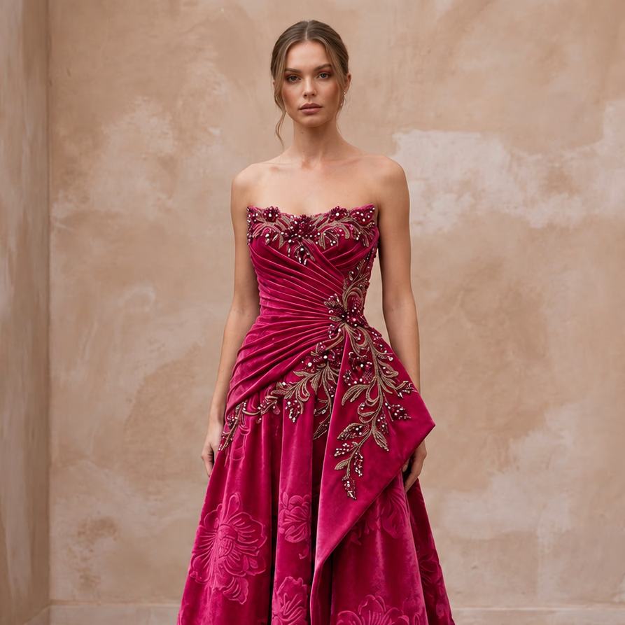 Petite Fuchsia Pink Velvet Ruched Bodice Strapless Party Dress