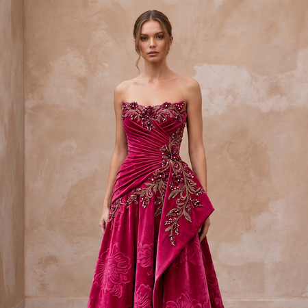 Petite Fuchsia Pink Velvet Ruched Bodice Strapless Party Dress